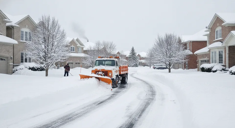 A plow truck clearing a long residential driveway after an overnight snowfall in a Kitchener, Ontario subdivision